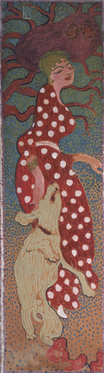 穿着白色斑点连衣裙的女人，1891年在花园里的四个女性面板之一（画布上的油画） 作者 皮埃尔·邦纳德