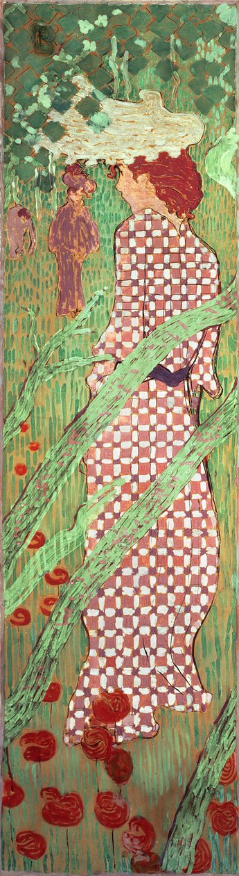 一件格子连衣裙的女人，1891年花园里妇女的四个面板之一（画布上的油画） 作者 皮埃尔·邦纳德