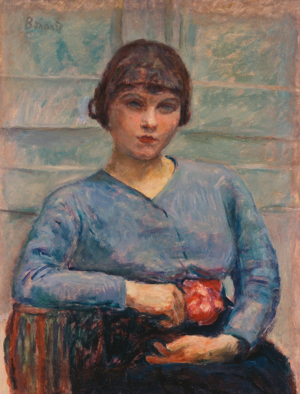 穿蓝色衣服的年轻女孩与一朵玫瑰，约1916年（布面油画） 作者 皮埃尔·邦纳德