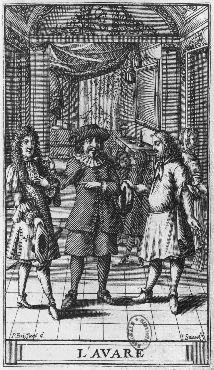 Moliere作为Harpagon，来自Moliere的&39;The Miser&39;的正面插图，由Jean Sauve雕刻（fl.1660-91）1682年版 作者 皮埃尔·布里萨特