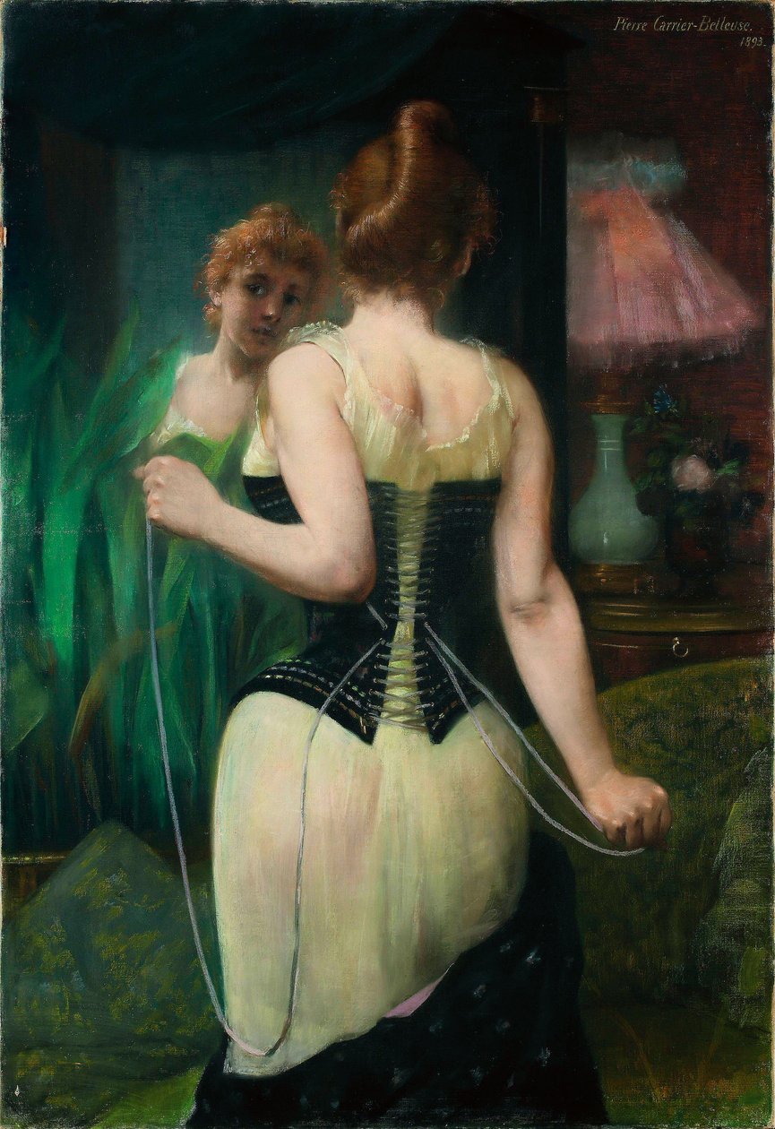 调整她的紧身胸衣的年轻女子，1893年 作者 皮埃尔·卡里尔·贝勒斯（Pierre Carriere Belleuse）