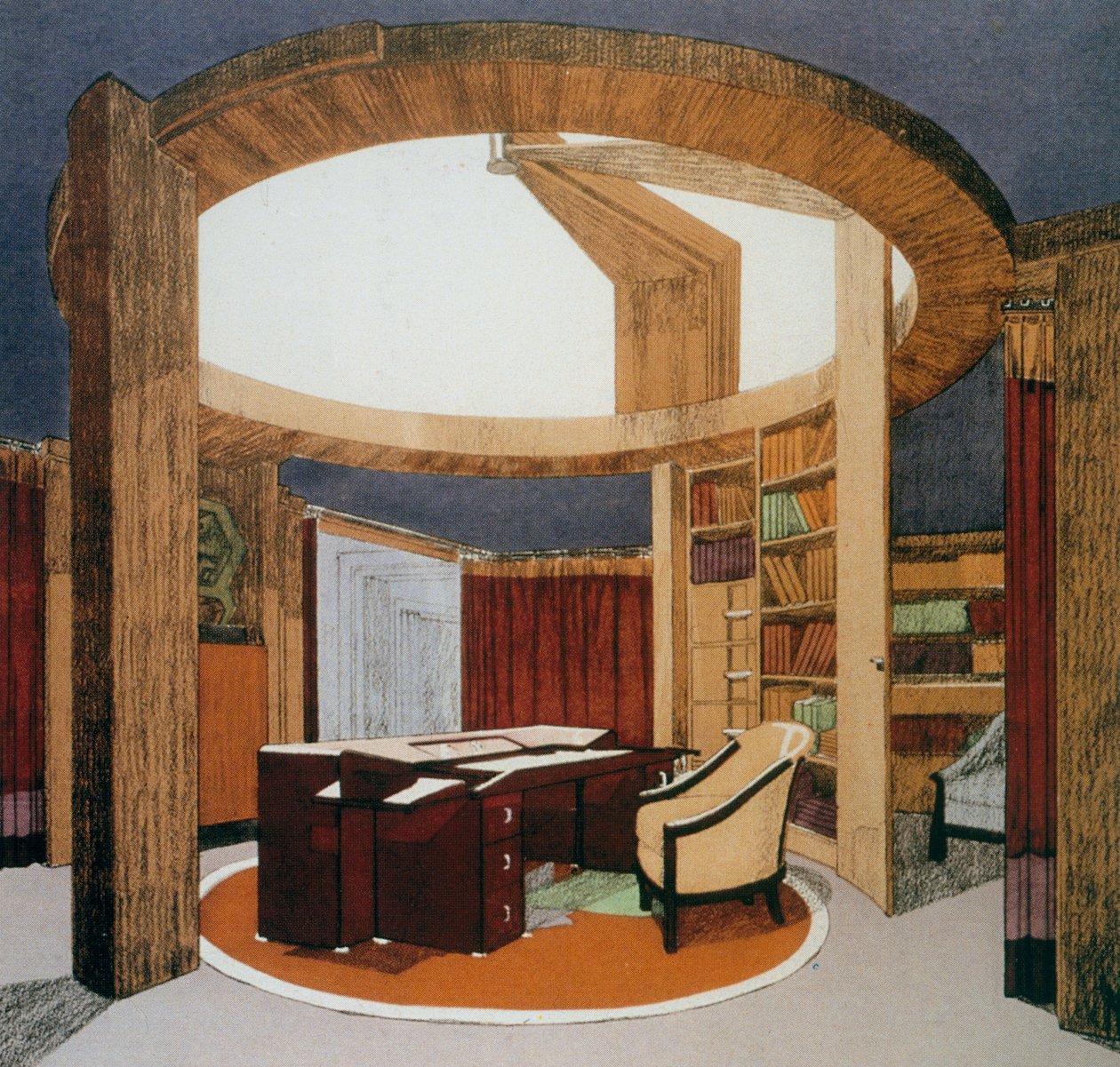 皮埃尔-沙罗（1883-1950 年）为法兰西大使设计的书房图书馆（Bureau-Bibliotheque），1925 年在巴黎国际装饰艺术博览会上展出，法国，20 世纪 作者 皮埃尔·夏洛