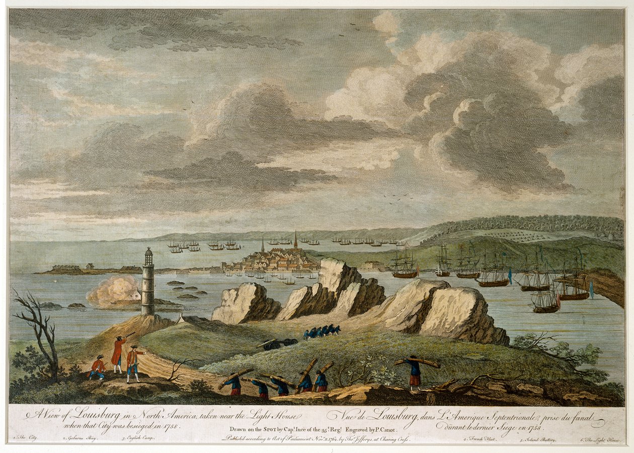 A view of Louisburg in North America taken near the Light House when that City was besieged in 1758 (line engraving, coloured) 作者 皮埃尔·查尔斯·卡诺特