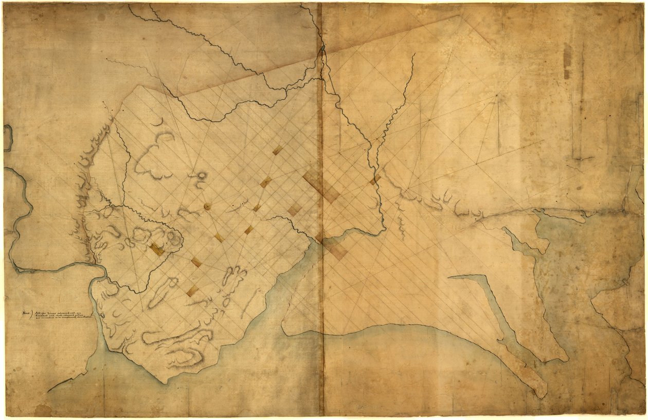 华盛顿特区虚线地图，1791 年，8 月 19 日之前。LOC 88694203 作者 皮埃尔·查尔斯·朗芬