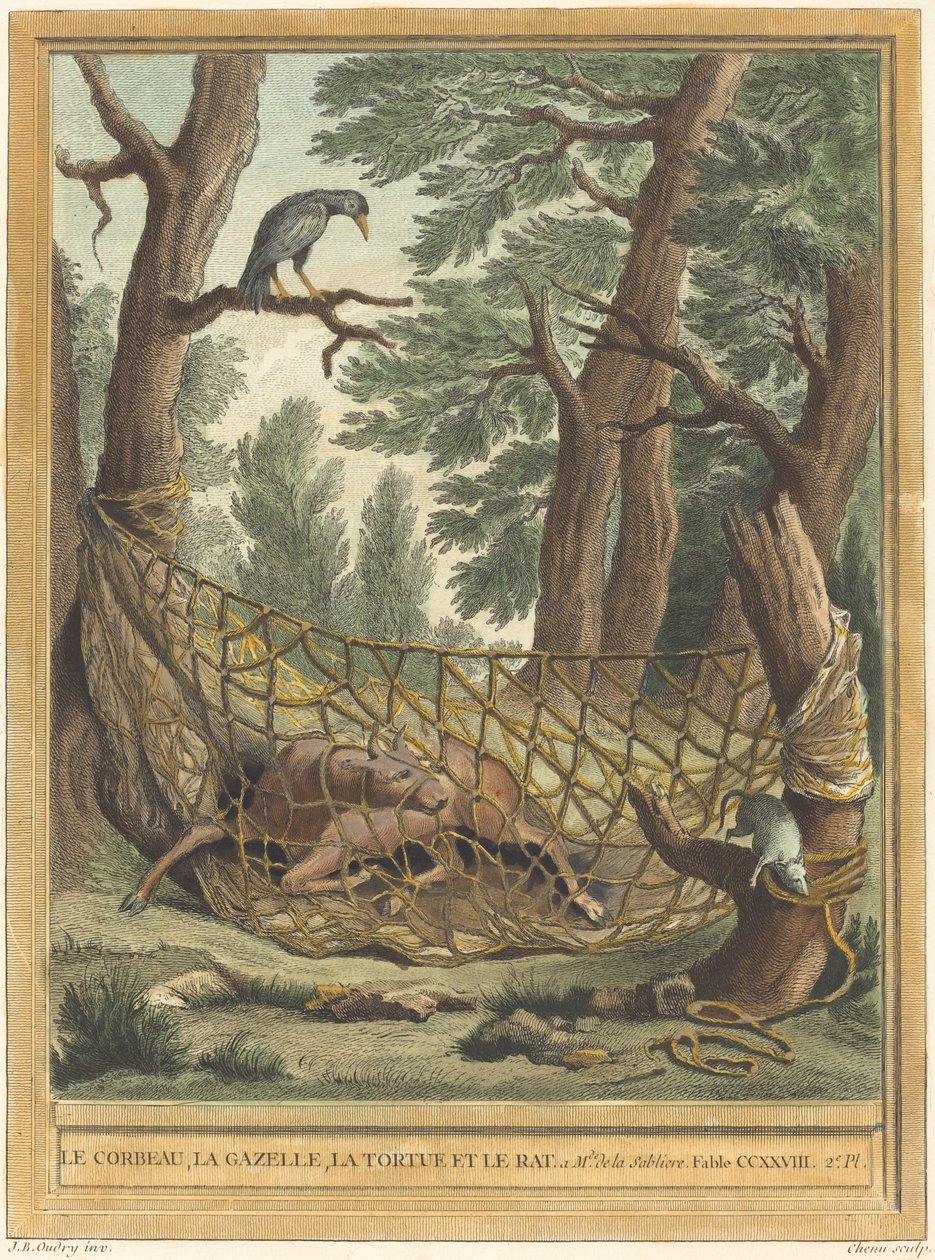 乌鸦、羚羊、乌龟和老鼠》（The Crow, the Gazelle, the Tortoise, and the Rat） 作者 让·巴蒂斯特·乌德里 (Jean Baptiste Oudry) 之后的皮埃尔·切努