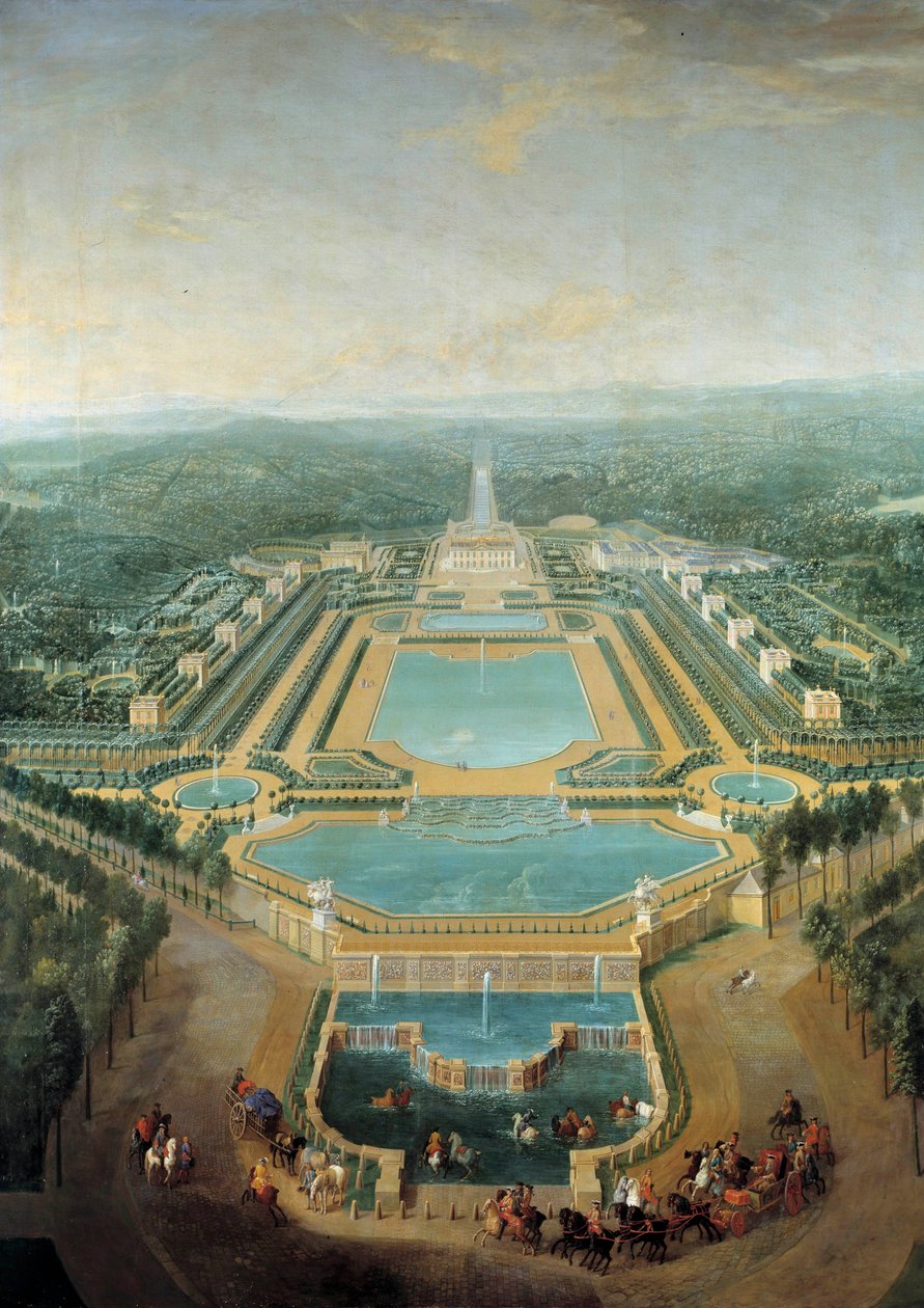 马利城堡的透视图，国王路易十五 (1710-1774) 孩子在马车前经过水槽 皮埃尔·丹尼斯·马丁 (1663-1742) 1724 年作画。 2,96 x 2,24 m 作者 皮埃尔·丹尼斯·马丁