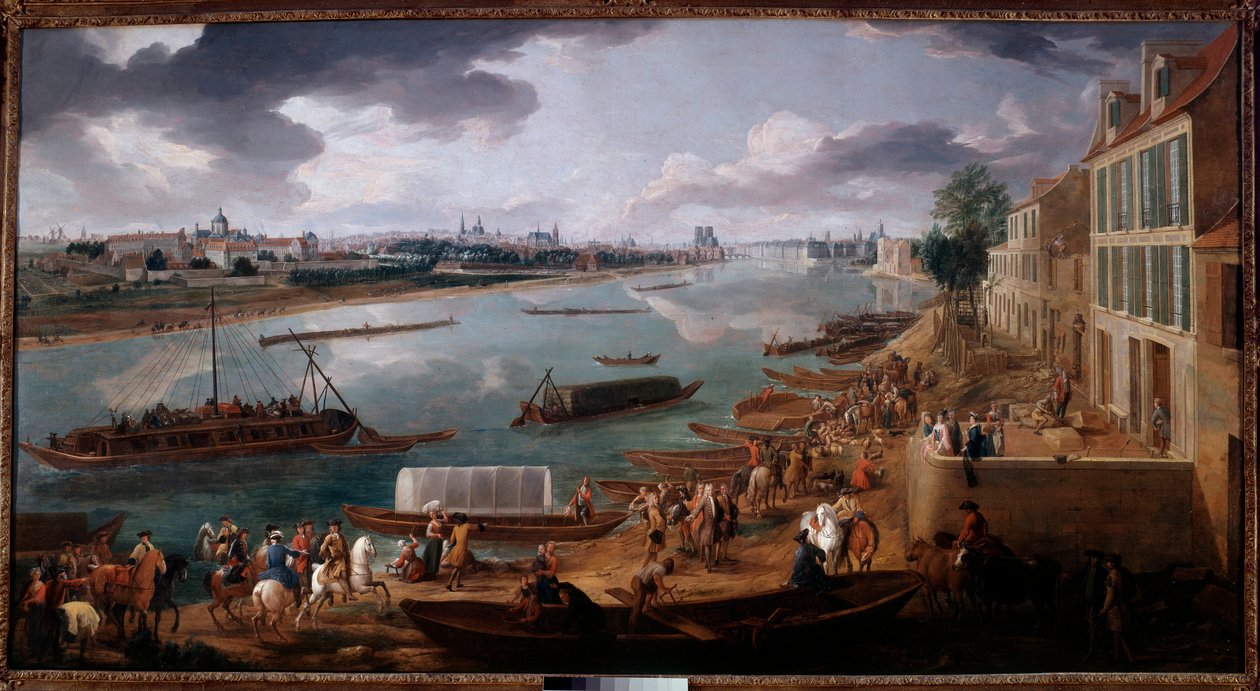 巴黎的景色，取自 1716 年的 Quai de la Rapee 画作 Pierre Denis Martin (1663-1742) 1716 年 1,7x3,15 m 巴黎，Musee Carnavalet 作者 皮埃尔·丹尼斯·马丁