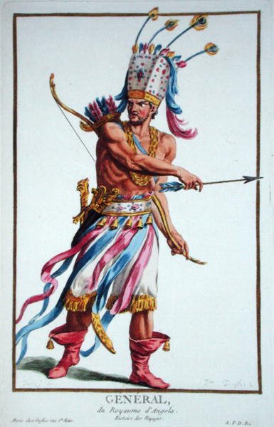 安哥拉的一个战士首领，来自《Receuil des Estampes，代表了Rangs和Les Dignites, suivant le Costume de toutes les Nations existantes》，1780年出版（手工彩绘）。 作者 皮埃尔·杜弗洛斯