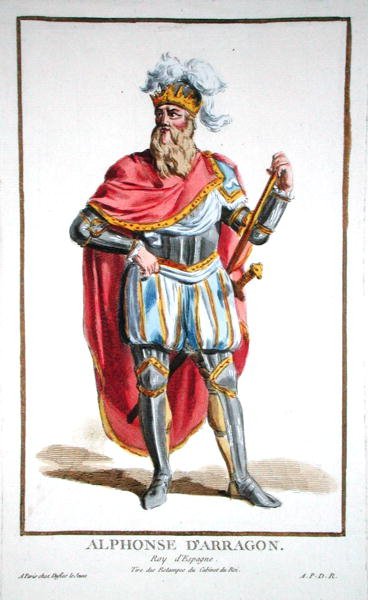 阿方索五世（1396-1458）阿拉贡和西西里的国王，摘自 "Recueil des Estampes, representant les Rangs et les Dignites, suivant le Costume de toutes les Nations existantes"，1780年出版（手绘版画）。 作者 皮埃尔·杜弗洛斯