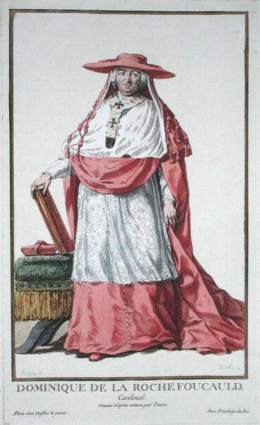 Cardinal Dominique de la Rochefoucauld (1712-1800)摘自《Receuil des Estampes, representant les Rangs et les Dignites, suivant le Costume de toutes les Nations existantes》，1780年出版（手绘版画）。 作者 皮埃尔·杜弗洛斯
