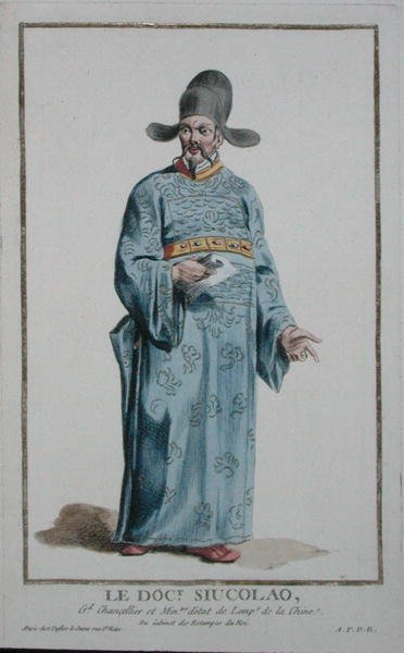 Siucolau医生，摘自 "Receuil des Estampes, Representant les Rangs et les Dignites, suivant le Costume de toutes les Nations existantes"，1780年出版（手绘版画）。 作者 皮埃尔·杜弗洛斯