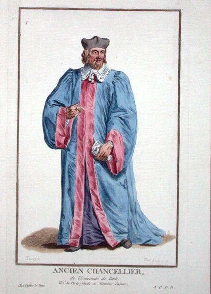 巴黎大学校长的服装，摘自 "Receuil des Estampes, Representant les Rangs et les Dignites, suivant le Costume de toutes les Nations existantes"，1780年出版（手绘版画）。 作者 皮埃尔·杜弗洛斯