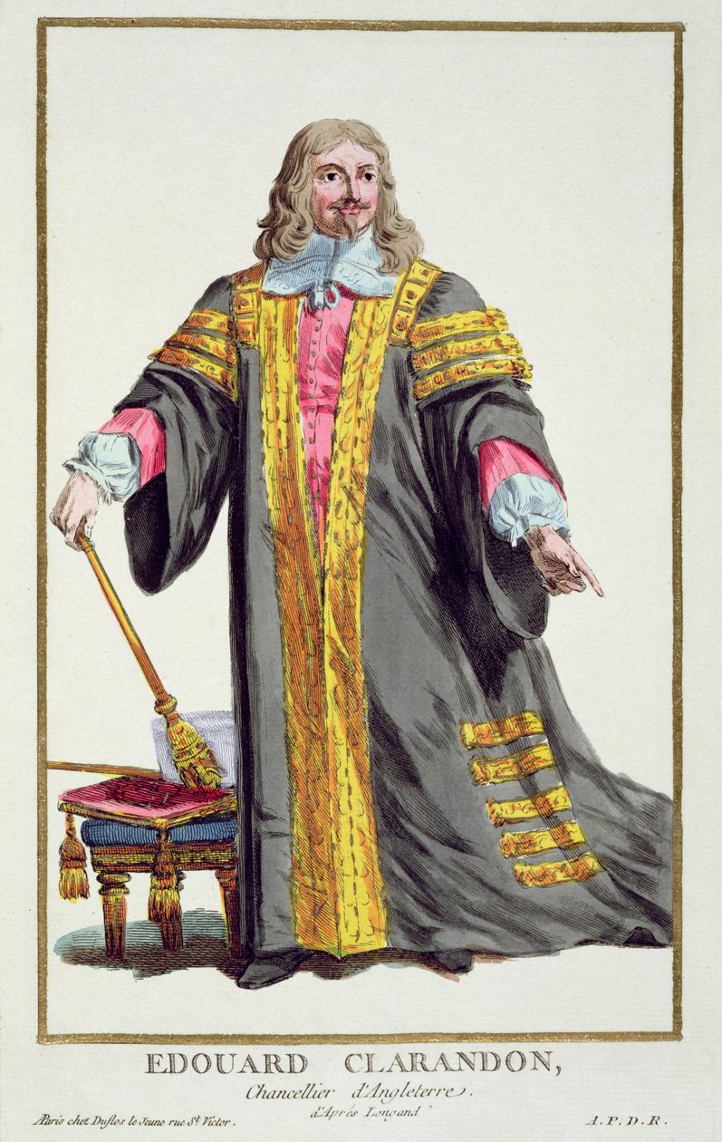 Edward Hyde（1609-74）来自&39;Recueil des Estampes的Clarendon的第一伯爵，代表Ranges和Dignites，遵循所有现有国家的服装&39;，出版于1780年（手工着色） 作者 皮埃尔·杜弗洛斯