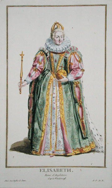 伊丽莎白一世（1530-1603年），摘自 "Receuil des Estampes, representant les Rangs et les Dignites, suivant le Costume de toutes les Nations existantes"，1780年出版（手绘版画）。 作者 皮埃尔·杜弗洛斯