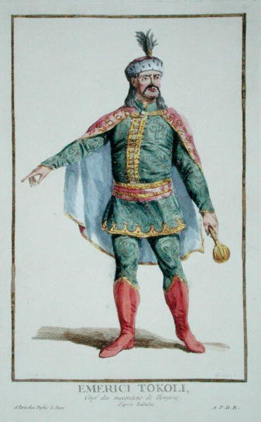 匈牙利不满分子首领埃默里奇-托科利（Emerici Tokoli），摘自 "Receuil des Estampes, Representant les Rangs et les Dignites, suivant le Costume de toutes les Nations existantes"，1780年出版（手绘版画）。 作者 皮埃尔·杜弗洛斯