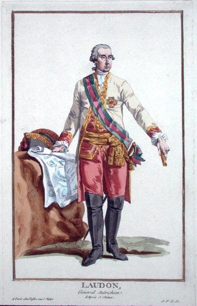 劳登将军(1717-90)，摘自 "Receuil des Estampes, Representant les Rangs et les Dignites, suivant le Costume de toutes les Nations existantes"，1780年出版（手绘版画）。 作者 皮埃尔·杜弗洛斯