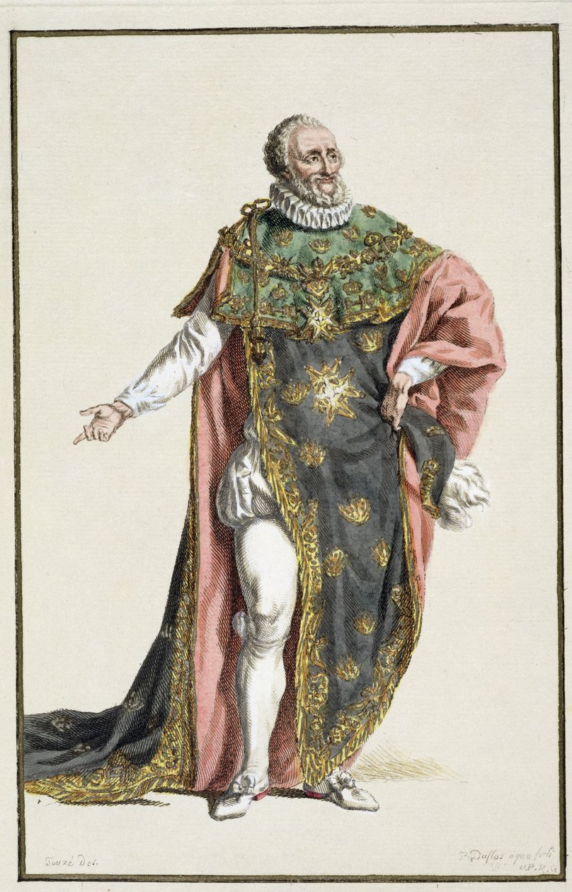 亨利四世（1553-1610）法国国王，来自Receuil des Estampes，代表Ranges和Dignites，遵循所有现有国家的服装，出版1780年（手工彩色雕刻） 作者 皮埃尔·杜弗洛斯