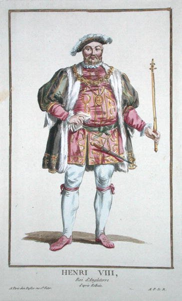 亨利八世（1491-1547年）英格兰国王（1509-47年），摘自 "Receuil des Estampes, representant les Rangs et les Dignites, suivant le Costume de toutes les Nations existantes"，1780年出版（手绘版画）。 作者 皮埃尔·杜弗洛斯