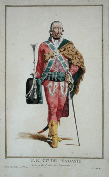 纳达斯蒂伯爵阁下，摘自 "Receuil des Estampes, Representant les Rangs et les Dignites, suivant le Costume de toutes les Nations existantes"，1780年出版（手绘版画）。 作者 皮埃尔·杜弗洛斯