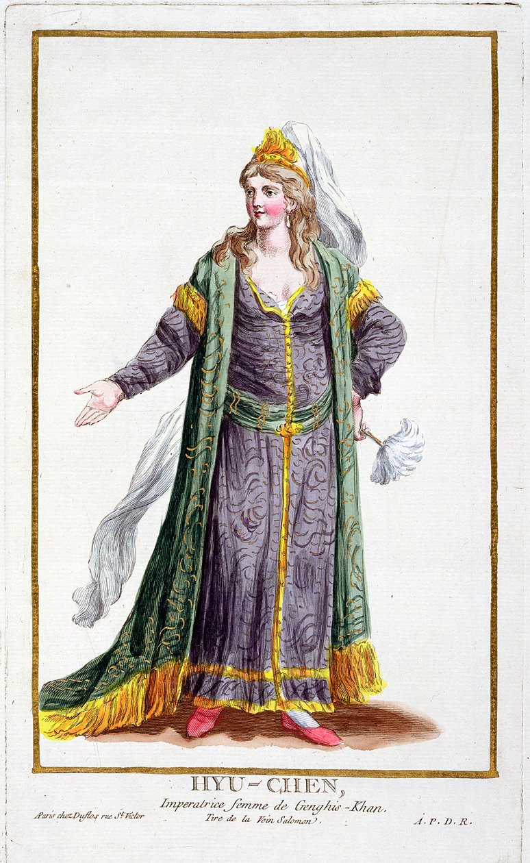 成吉思汗的妻子Hyu-Chen，来自&39;Receuil des Estampes，代表Ranges and Dignites，遵循所有现有国家的服装&39;，1780年出版（手工彩色雕刻） 作者 皮埃尔·杜弗洛斯