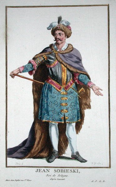 约翰三世-索别夫斯基（1629-96）波兰国王，摘自 "Receuil des Estampes, representant les Rangs et les Dignites, suivant le Costume de toutes les Nations existantes"，1780年出版（手绘版画）。 作者 皮埃尔·杜弗洛斯