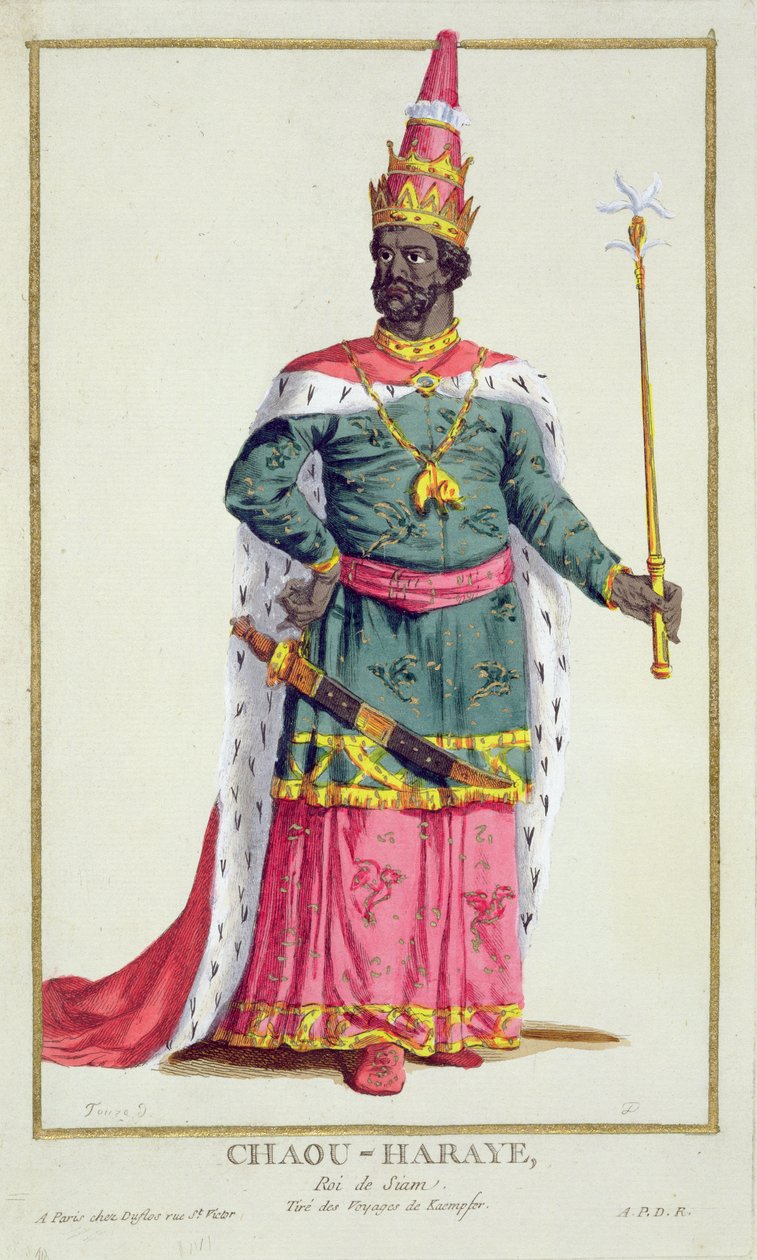 暹罗国王Chau-Haraye来自“所有现有国家的服装印花，代表范围和点缀”，1780年出版（手工彩色雕刻） 作者 皮埃尔·杜弗洛斯