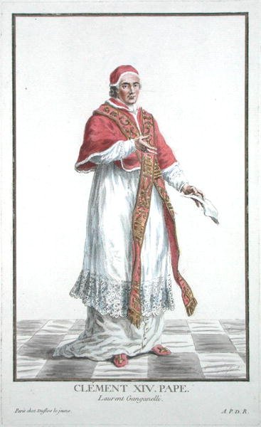 Lorenzo Ganganelli (1705-74) 教皇克莱门特十四世(1769-74)，来自 "Receuil des Estampes, representant les Rangs et les Dignites, suivant le Costume de toutes les Nations existantes"，1780年出版（手绘版画）。 作者 皮埃尔·杜弗洛斯