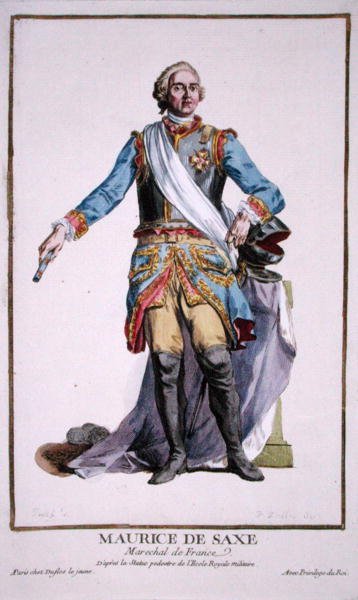 萨克森的莫里斯(1696-1750)，摘自 "Receuil des Estampes, Representant les Rangs et les Dignites, suivant le Costume de toutes les Nations existantes"，1780年出版（手绘版画）。 作者 皮埃尔·杜弗洛斯