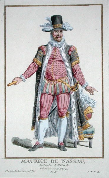 拿骚的莫里斯王子（1567-1625年），荷兰共和国的执政者，摘自 "Receuil des Estampes, representant les Rangs et les Dignites, suivant le Costume de toutes les Nations existantes"，1780年出版（手绘版画）。 作者 皮埃尔·杜弗洛斯