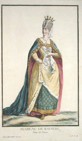巴伐利亚的伊莎贝尔女王（1371-1435年），摘自 "Receuil des Estampes, representant les Rangs et les Dignites, suivant le Costume de toutes les Nations existantes"，1780年出版（手绘版画）。 作者 皮埃尔·杜弗洛斯