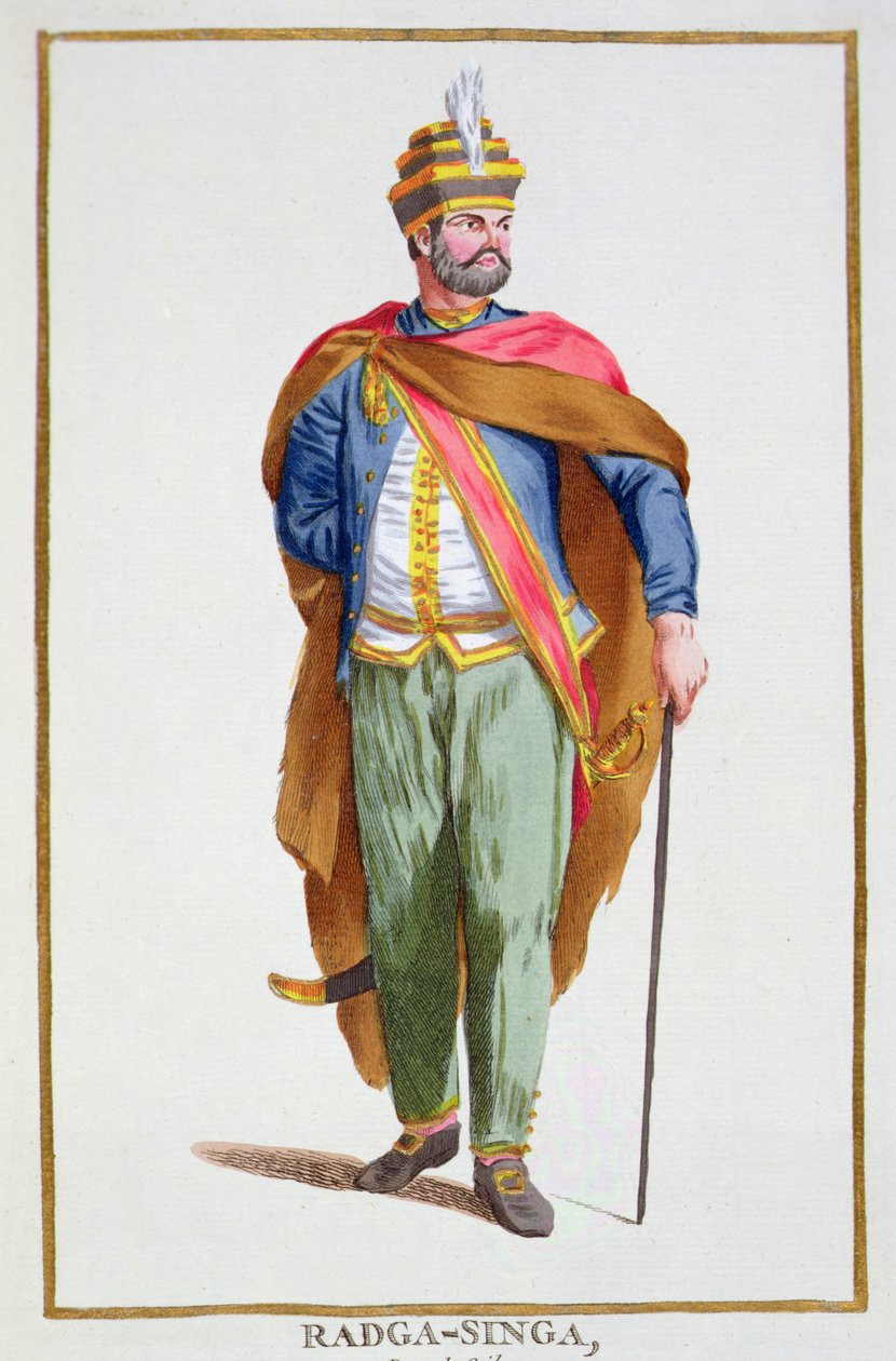 锡兰国王Raja-Singa，摘自 "Receuil des Estampes, Representant les Rangs et les Dignites, suivant le Costume de toutes les Nations existantes"，1780年出版（手绘版画）。 作者 皮埃尔·杜弗洛斯
