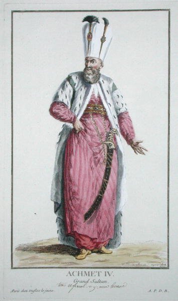 苏丹-阿赫梅特四世（1603-17年），摘自 "Receuil des Estampes, representant les Rangs et les Dignites, suivant le Costume de toutes les Nations existantes"，1780年出版（手绘版画）。 作者 皮埃尔·杜弗洛斯