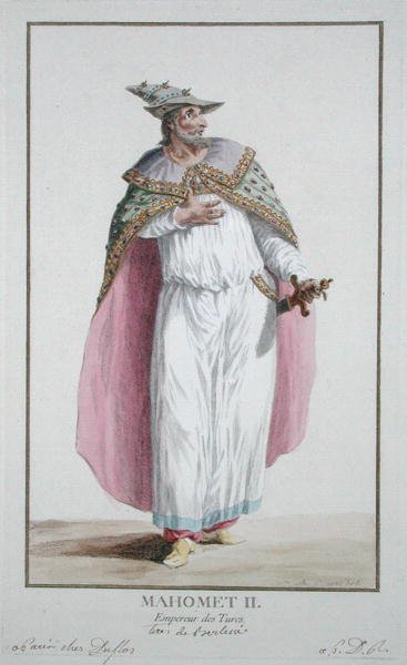 苏丹-马赫梅特二世（1432-81），摘自 "Receuil des Estampes, representant les Rangs et les Dignites, suivant le Costume de toutes les Nations existantes"，1780年出版（手绘版画）。 作者 皮埃尔·杜弗洛斯