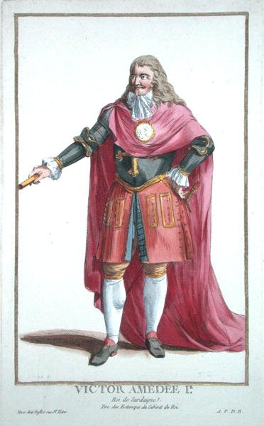 维克多-阿马德乌斯二世（1666-1732），摘自 "Receuil des Estampes, representant les Rangs et les Dignites, suivant le Costume de toutes les Nations existantes"，1780年出版（手绘版画）。 作者 皮埃尔·杜弗洛斯