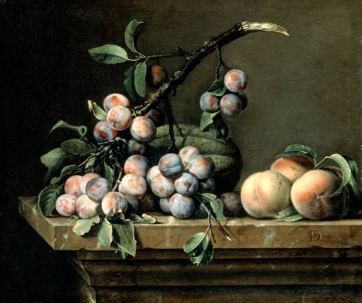 李子，瓜和桃子，c1630-1680 作者 皮埃尔杜普伊