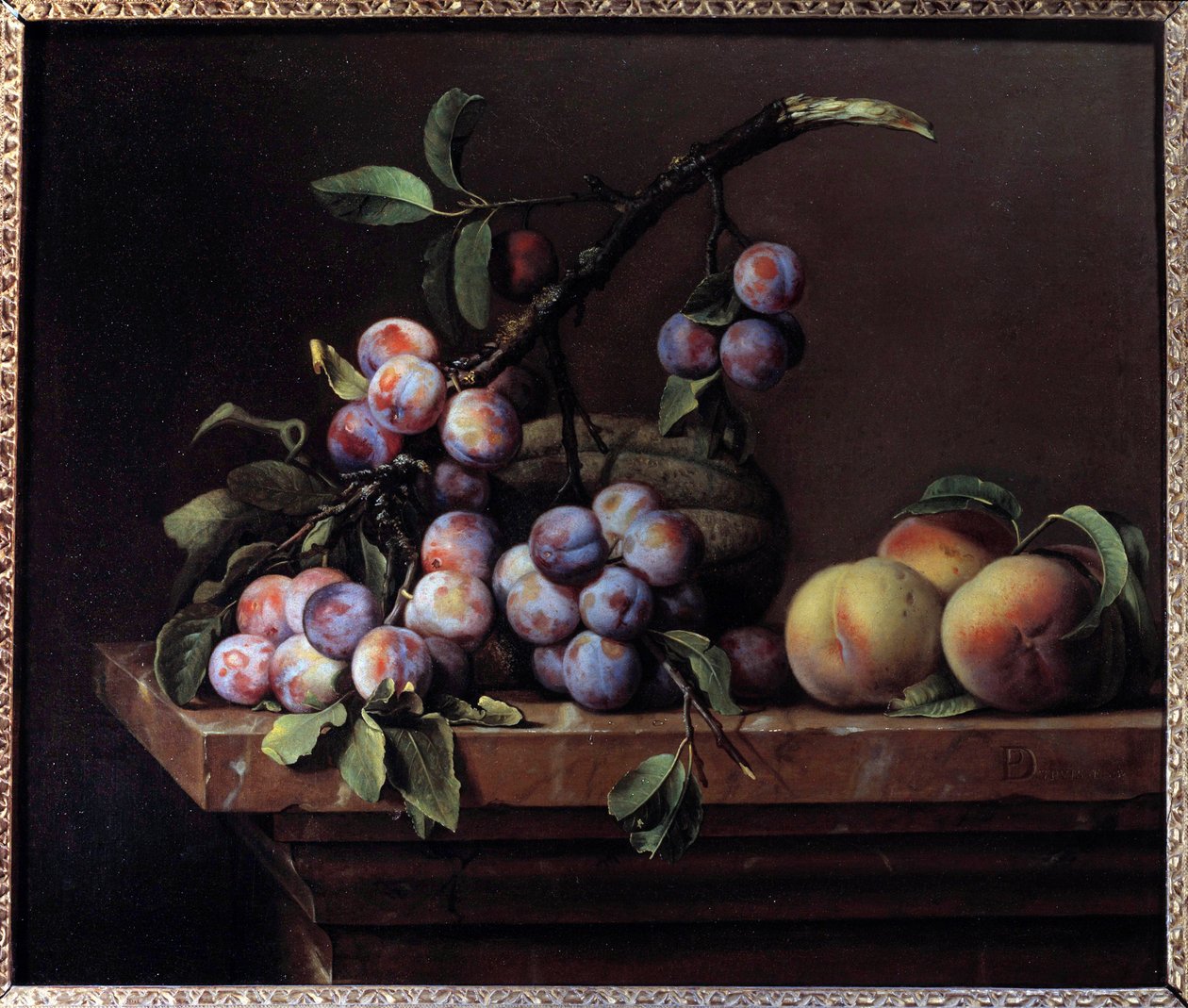 大理石柱上的李子、南瓜和桃子 Pierre Dupuis (1610-1682) 1650 年作画。 0,51x0,6 m 作者 皮埃尔杜普伊