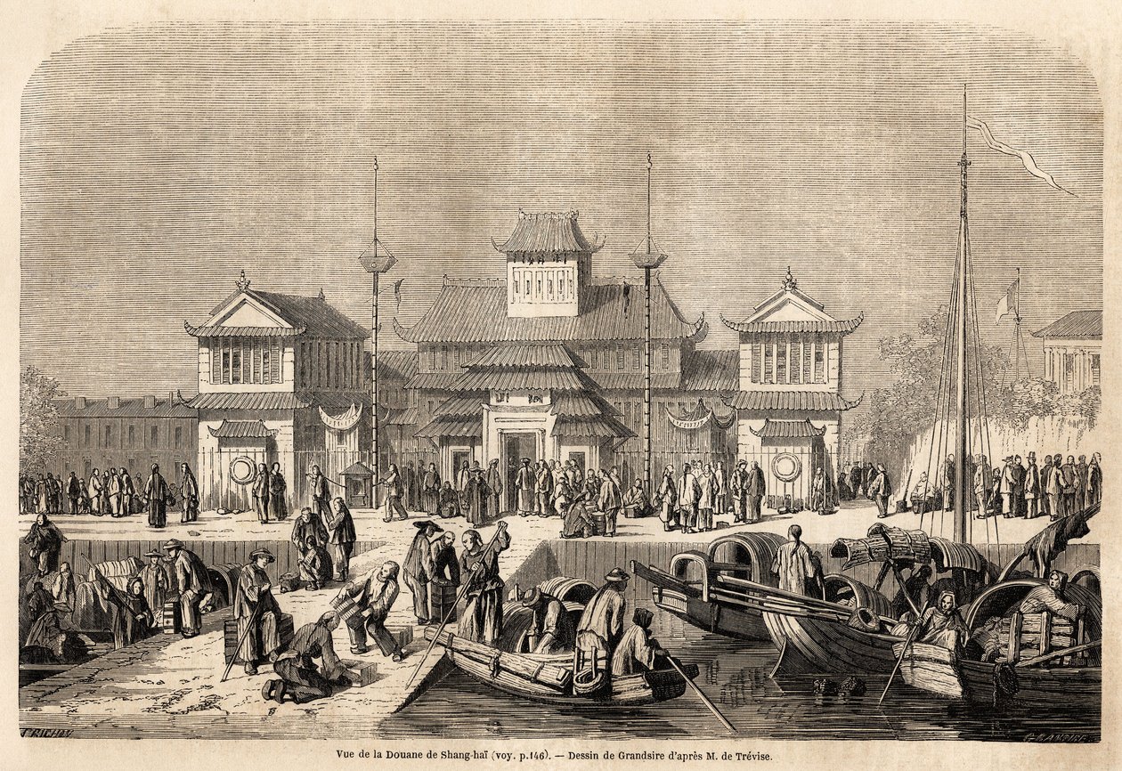 上海海关大楼，由Grandsire绘制，用于说明1857-1858年莫杰斯侯爵对中国和日本的航行情况。雕刻在《世界之旅，新的航海日志》中，巴黎 作者 皮埃尔·尤金（Pierre Eugene）