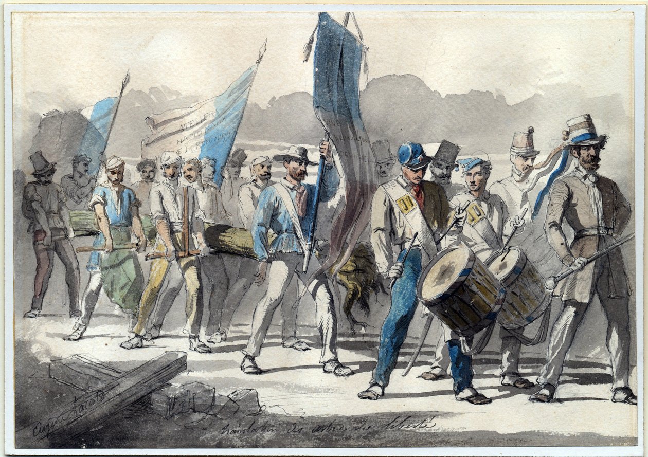 "1848 年在法国种植自由之树 皮埃尔-尤金-拉科斯特（1818-1908 年）水彩画 1848 年 尺寸 24x34 厘米 私人收藏 作者 皮埃尔·欧仁·拉科斯特