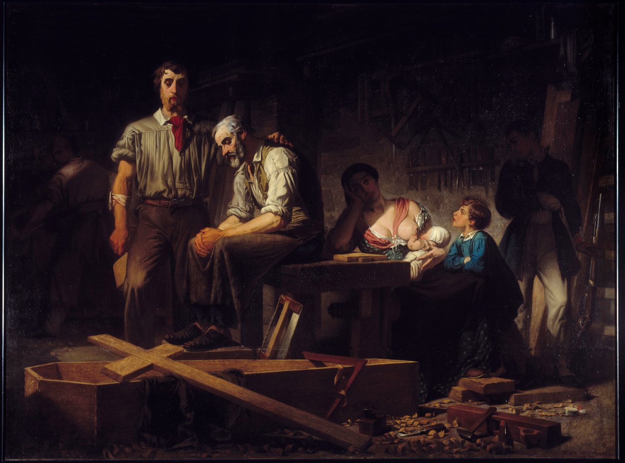 1848 年革命："1848 年 2 月起义后的第一件作品 "1848 年 2 月死难者家属的悲伤。皮埃尔-尤金-拉科斯特（Pierre Eugene Lacoste，1818-1908 年）1850 年的绘画作品。2,7x3,66 米 马赛，美术博物馆。 作者 皮埃尔·欧仁·拉科斯特