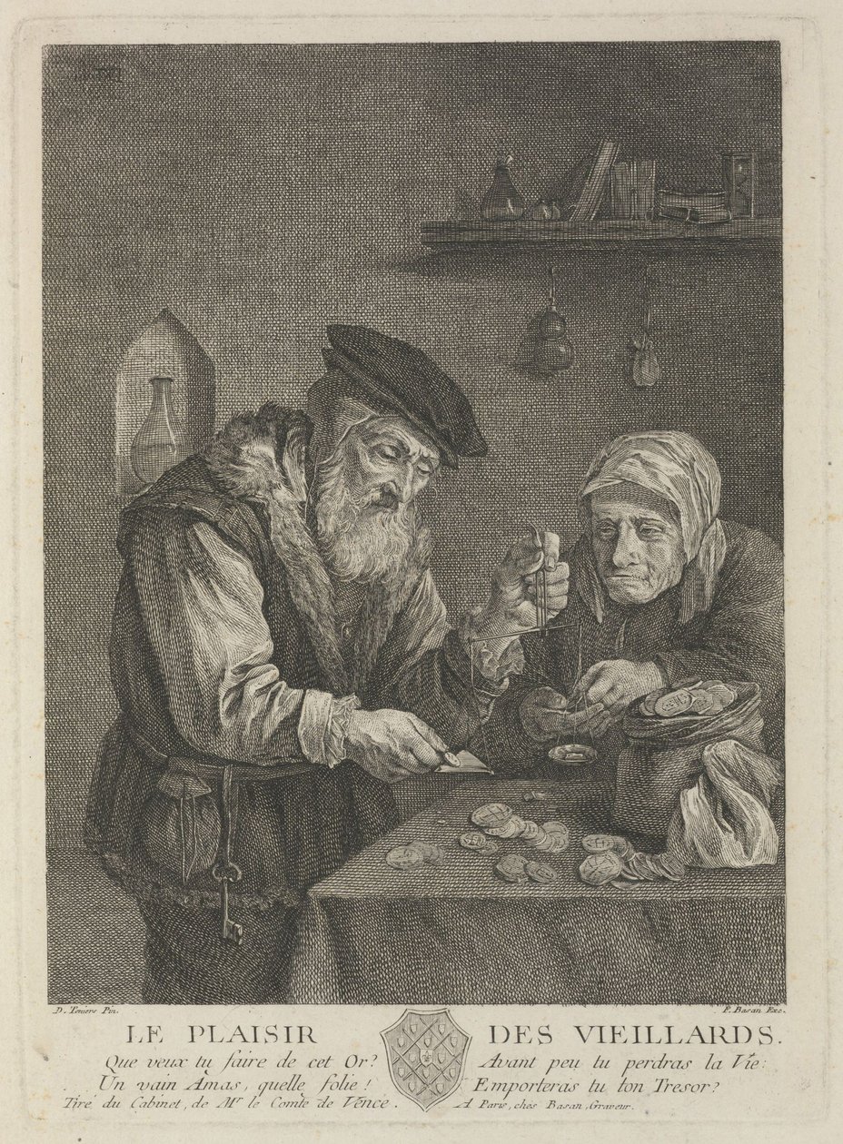 十八世纪中叶戴维·泰尼尔斯（David Teniers the Younger）的画作后，享受着老年的乐趣。 作者 皮埃尔·弗朗索瓦·巴桑