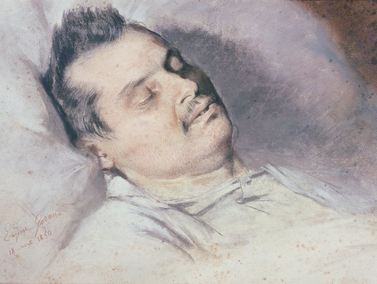 1850年8月15日，Honore de Balzac（1799-1850）在他的死亡床上（粉彩和粉笔在纸上） 作者 皮埃尔·弗朗索瓦·欧仁·吉罗
