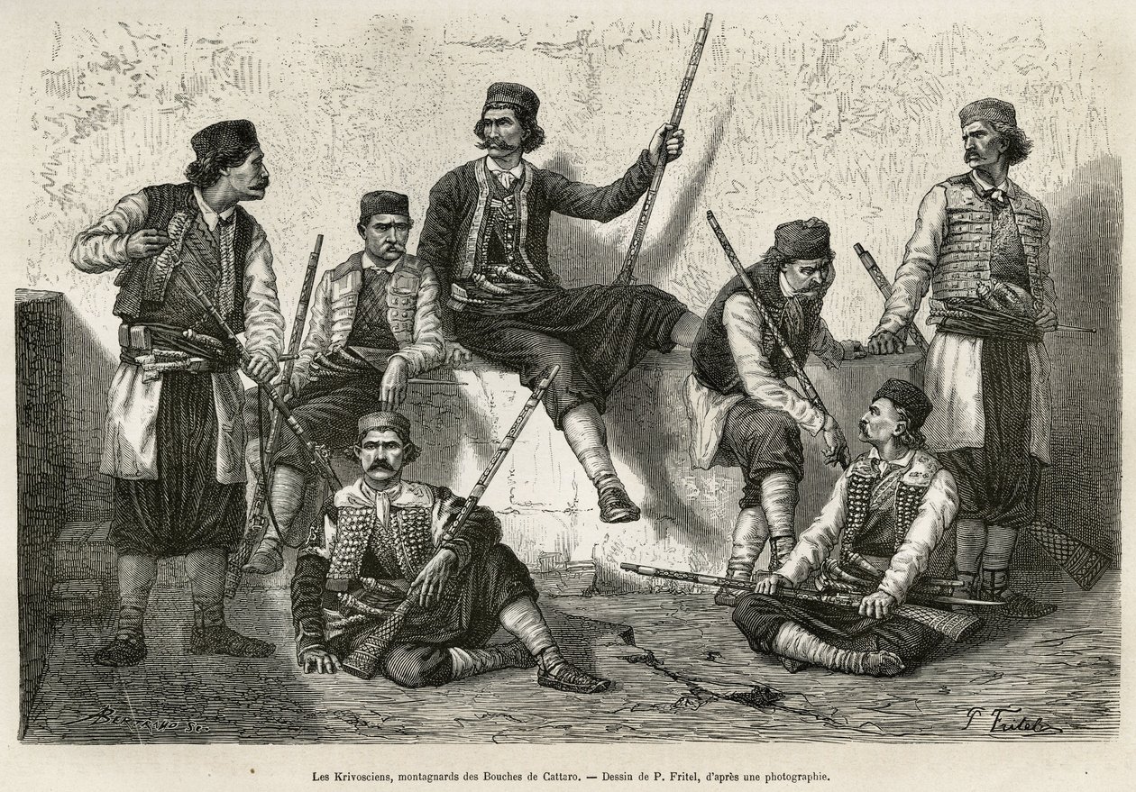 The Krivoscians, mountaineers of the Bouches de Cattaro (or Kotor, bay on the ocidental coast of Montenegro), weapons to resist the force of encroachment in the Austrian troops. Engraving after P.Fritel