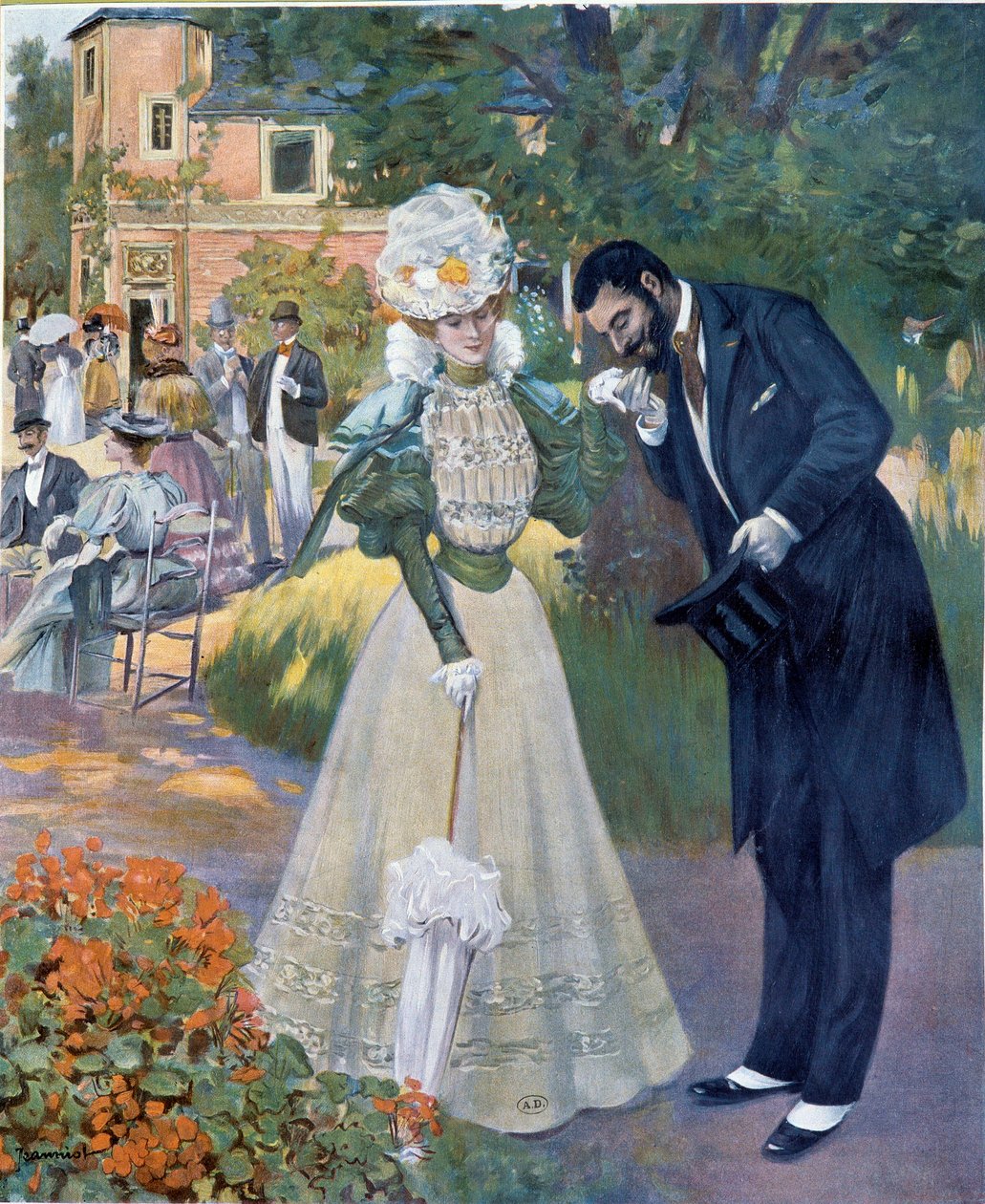 Belle epoque：“手淫”：一个男人在招待会上向一个女人打招呼。 Jeanniot 为“费加罗杰出人物”绘制的插图 20 世纪初巴黎，装饰艺术 作者 皮埃尔·乔治·让尼奥