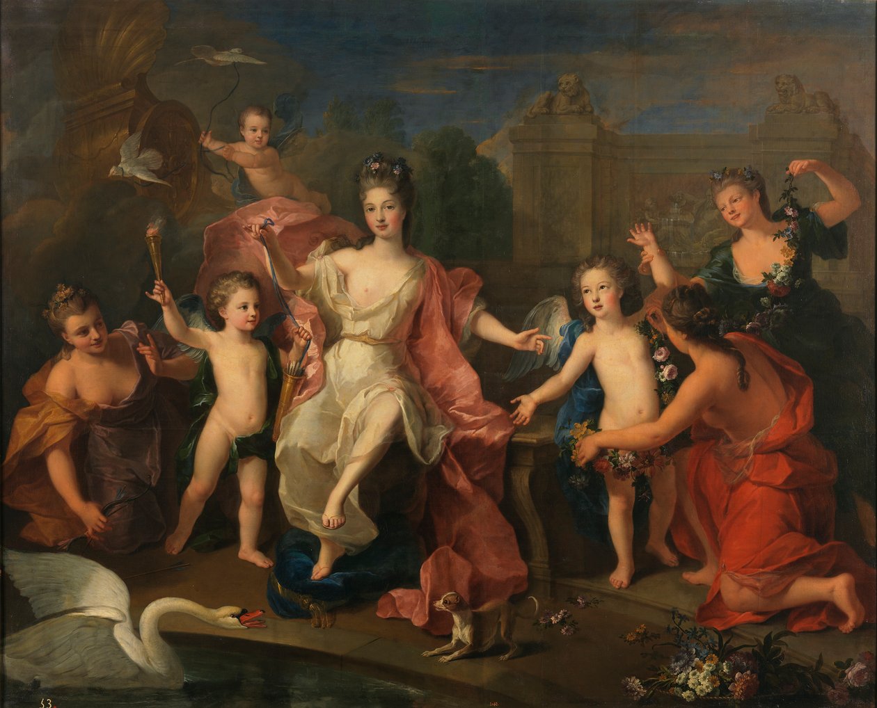 西班牙文：  María Adelaida de Saboya, duquesa de Borgoña con sus hijos 勃艮第公爵夫人与她的两个儿子布列塔尼公爵和安茹公爵（未来的路易十五）合影 作者 皮埃尔·戈伯特