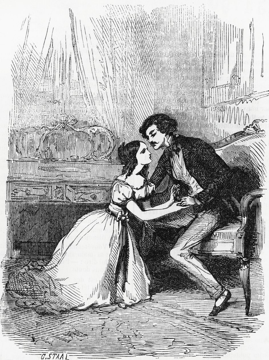 《黑羊》插图，奥诺雷·德·巴尔扎克（Honore de Balzac，1799-1850 年）的小说，来自题为《人间喜剧》的多卷集，由皮埃尔·古斯塔夫·尤金·斯塔尔（Pierre Gustave Eugene Staal，1817-1882 年）雕刻 作者 皮埃尔·古斯塔夫·尤金 (1817-82) 斯塔尔