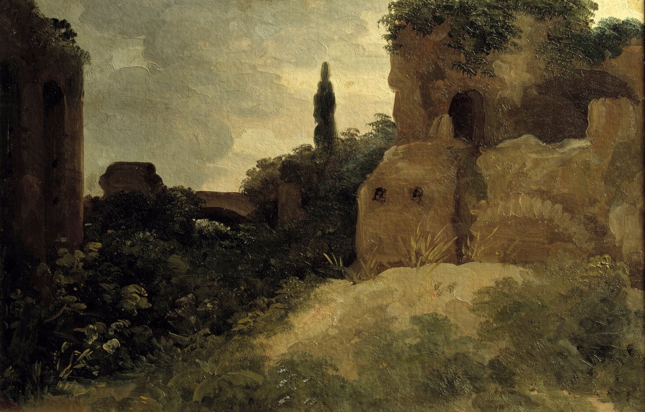 在法尔内塞别墅，罗马废墟 Pierre Valenciennes (1750-1819) 18 世纪太阳的绘画。 0,26x0,4 m 作者 皮埃尔·亨利·德·瓦朗谢讷