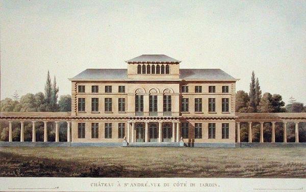 圣安德烈城堡，来自花园，出自皮埃尔-雅克-戈特盖布尔的 "Choix des Monuments, Edifices et Maisons les plus remarquables du Royaume des Pays-Bas"，由J.F. Van Gurdegom刻制，1827年出版（水印）。 作者 皮埃尔·雅克（后）歌德堡
