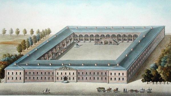 伊普尔的步兵营房，出自皮埃尔-雅克-戈特盖布尔的 "Choix des Monuments, Edifices et Maisons les plus remarquables du Royaume des Pays-Bas"，由W. Lobry（生于1774年）雕刻，1827年出版（水印）。 作者 皮埃尔·雅克（后）歌德堡