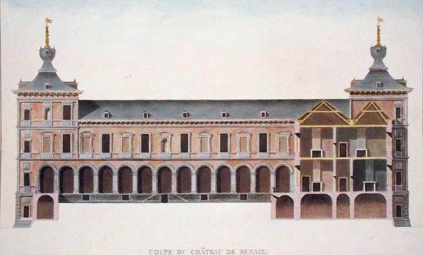 比利时Ronse城堡的横截面，出自Pierre Jacques Goetghebuer的《Choix des Monuments, Edifices et Maisons les plus remarquables du Royaume des Pays-Bas》，1827年出版（水印）（另见186086）。 作者 皮埃尔·雅克·格特赫布尔