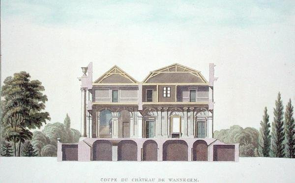 比利时Oudenarde附近的Wannagem城堡横截面图，出自Pierre Jacques Goetghebuer的《Choix des Monuments, Edifices et Maisons les plus remarquables du Royaume des Pays-Bas》，1827年出版（水印）（另见186077）。 作者 皮埃尔·雅克·格特赫布尔